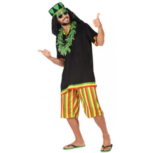 Déguisement Rasta Homme Complet - T-Shirt, Short, Chapeau Avec Dreadlocks Intégrées - Taille Unique