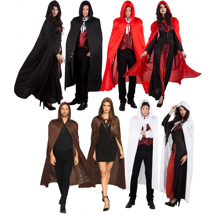 Longue cape en satin Costume d'Halloween pour carnaval RongXuan Cape noire pour adulte avec capuche 