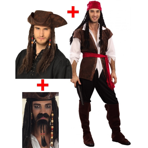 PROMO PACK PIRATE : COSTUME + CHAPEAU + MOUSTACHES