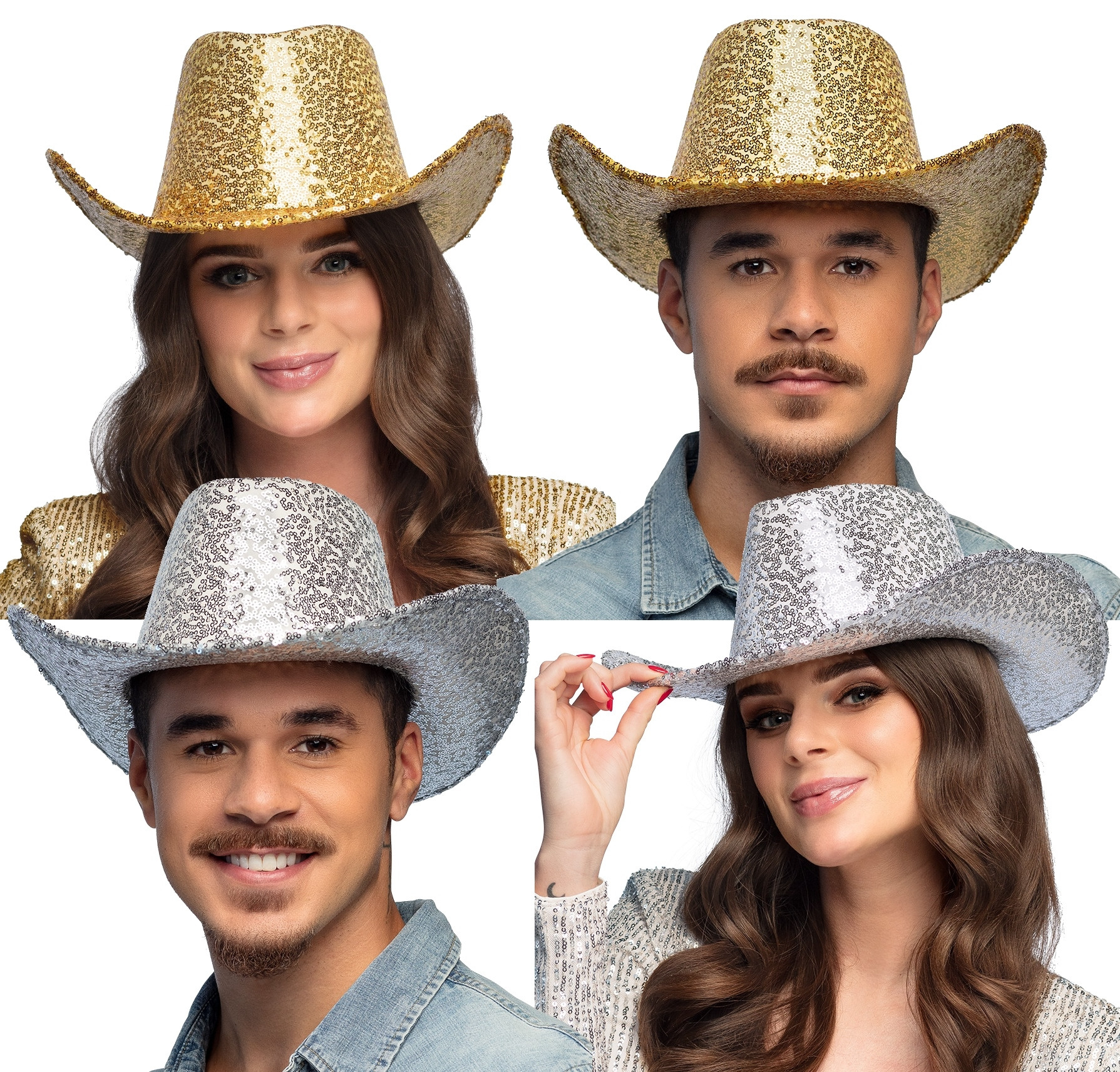 Lot De 8 Chapeaux Cowboy à Paillettes - 4 Couleurs, Réglables - Pour Fête Déguisée, Western, Halloween